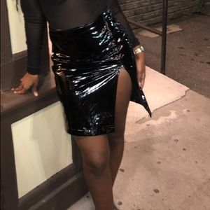 Black Leather midi skirt with High slit